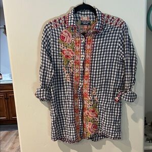 Johnny Was Blue Gingham Shirt with Floral Embroidery
